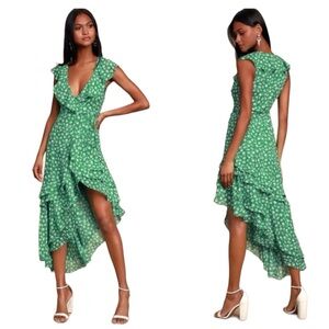 Lulu’s Cornelia Green Floral Ruffled Wrap Dress Size Small